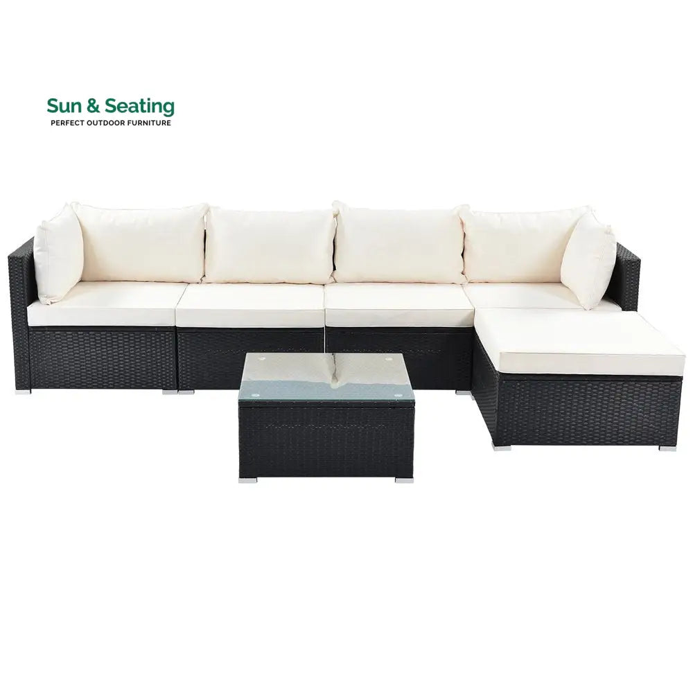 Ollie Outdoor Patio Sofa Set 4 Seater and 1 Table With 1 Ottoman Set (Black + Cream) Sofa Sets