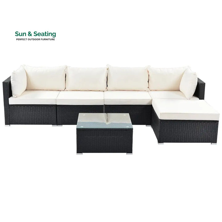 Ollie Outdoor Patio Sofa Set 4 Seater and 1 Table With 1 Ottoman Set (Black + Cream) Sofa Sets