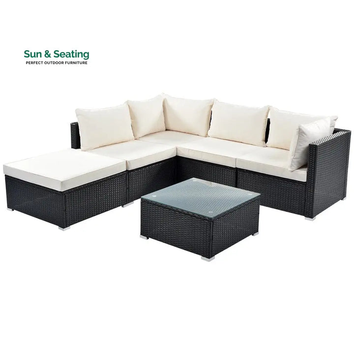 Ollie Outdoor Patio Sofa Set 4 Seater and 1 Table With 1 Ottoman Set (Black + Cream) Sofa Sets