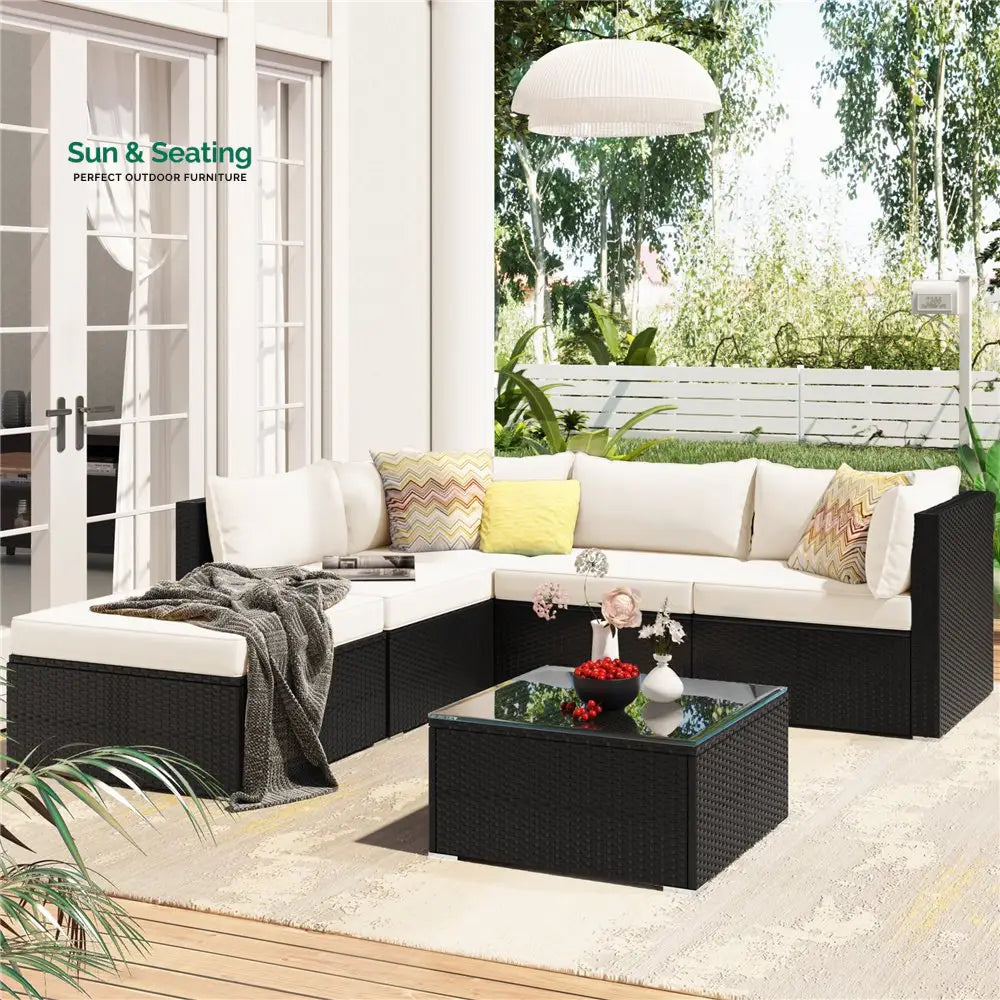 Ollie Outdoor Patio Sofa Set 4 Seater and 1 Table With 1 Ottoman Set (Black + Cream) Sofa Sets