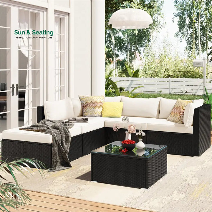Ollie Outdoor Patio Sofa Set 4 Seater and 1 Table With 1 Ottoman Set (Black + Cream) Sofa Sets