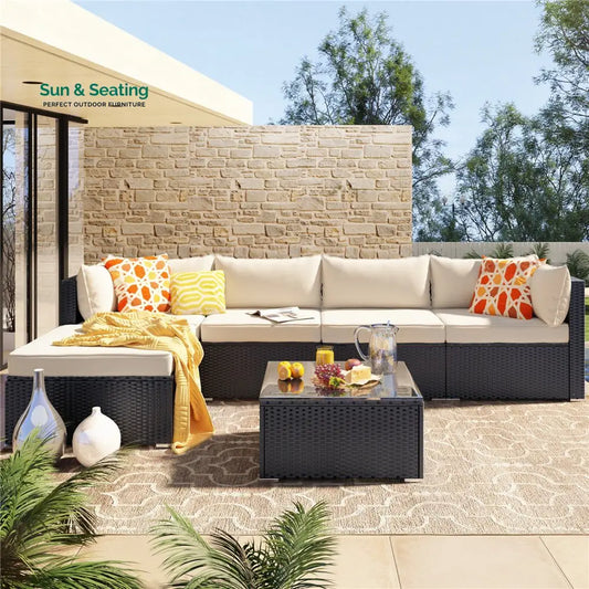 Ollie Outdoor Patio Sofa Set 4 Seater and 1 Table With 1 Ottoman Set (Black + Cream) Sofa Sets