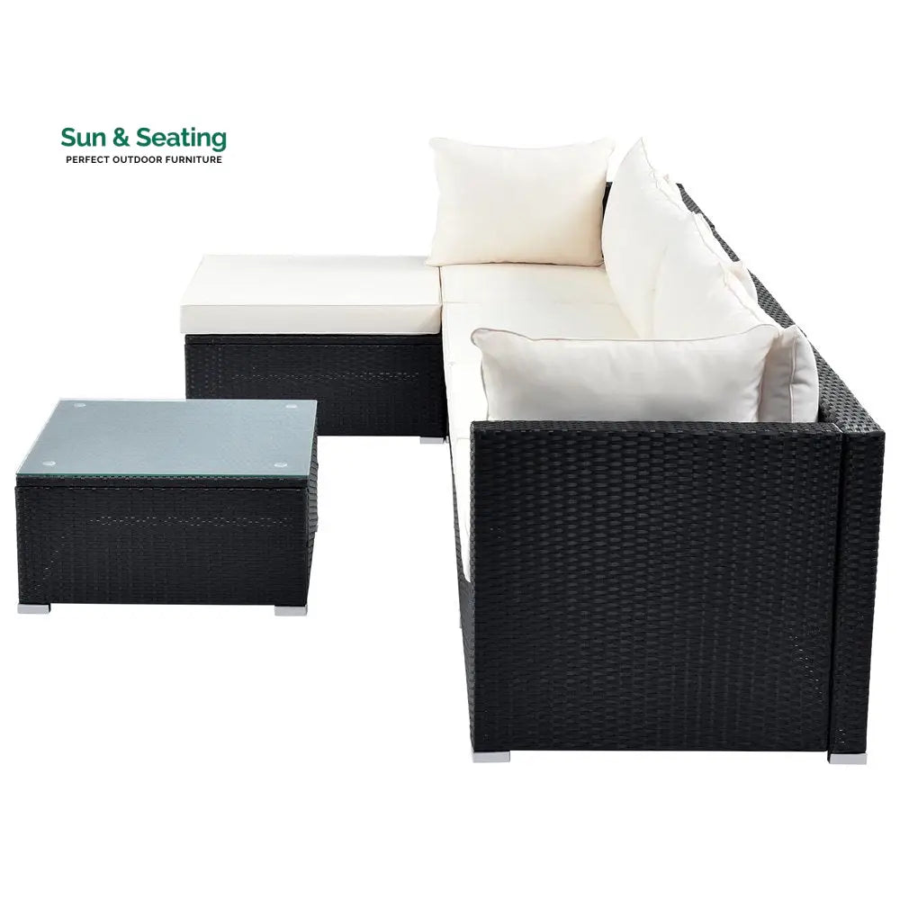 Ollie Outdoor Patio Sofa Set 4 Seater and 1 Table With 1 Ottoman Set (Black + Cream) Sofa Sets