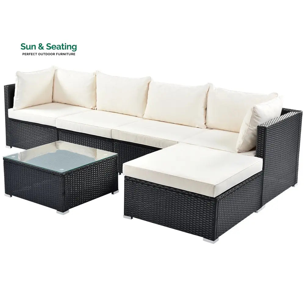 Ollie Outdoor Patio Sofa Set 4 Seater and 1 Table With 1 Ottoman Set (Black + Cream) Sofa Sets