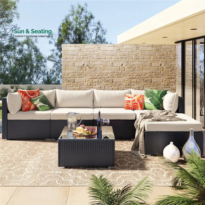 Ollie Outdoor Patio Sofa Set 4 Seater and 1 Table With 1 Ottoman Set (Black + Cream) Sofa Sets