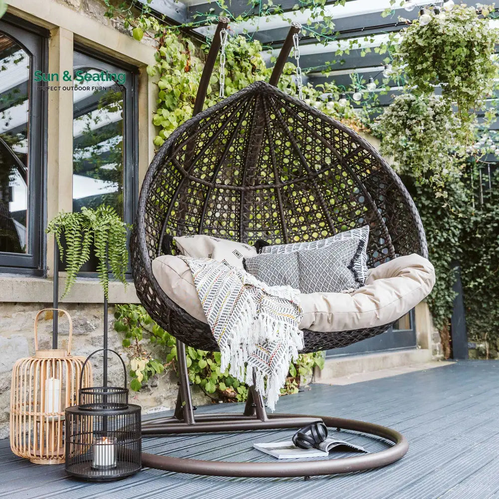Onio Double Seater Hanging Swing With Stand For Balcony Garden Swing (Dark Brown) Swings