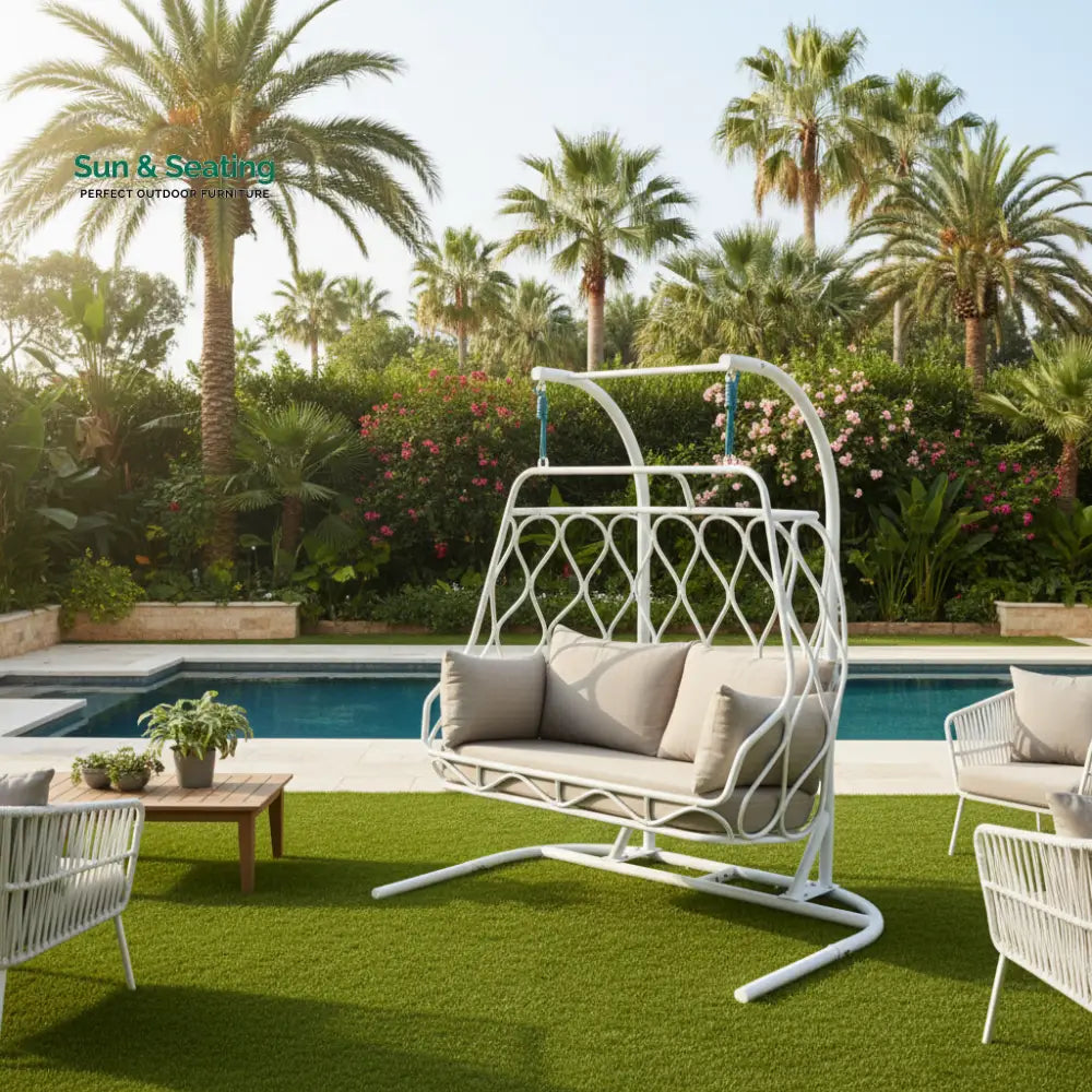 Ortis Double Seater Hanging Swing With Stand For Balcony Garden Swing White Swings