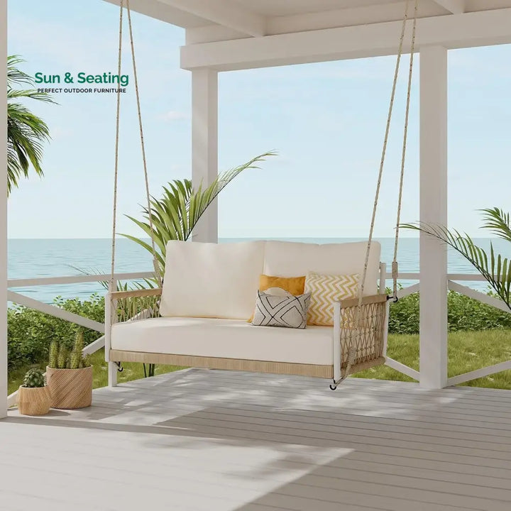 Outdoor Rope Swing 2-Person Hanging Chair Weatherproof Porch Swing Swing