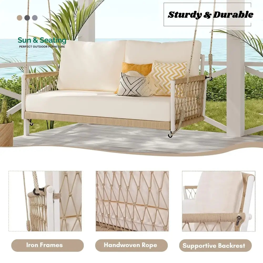 Outdoor Rope Swing 2-Person Hanging Chair Weatherproof Porch Swing Swing
