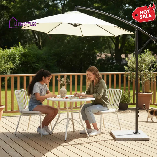 Outdoor Umbrella with Marble Base for Garden (White)