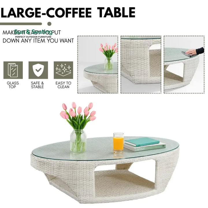 Outdoor White Rattan Wicker Sofa Chairs With Glass Top Table Sofa Set