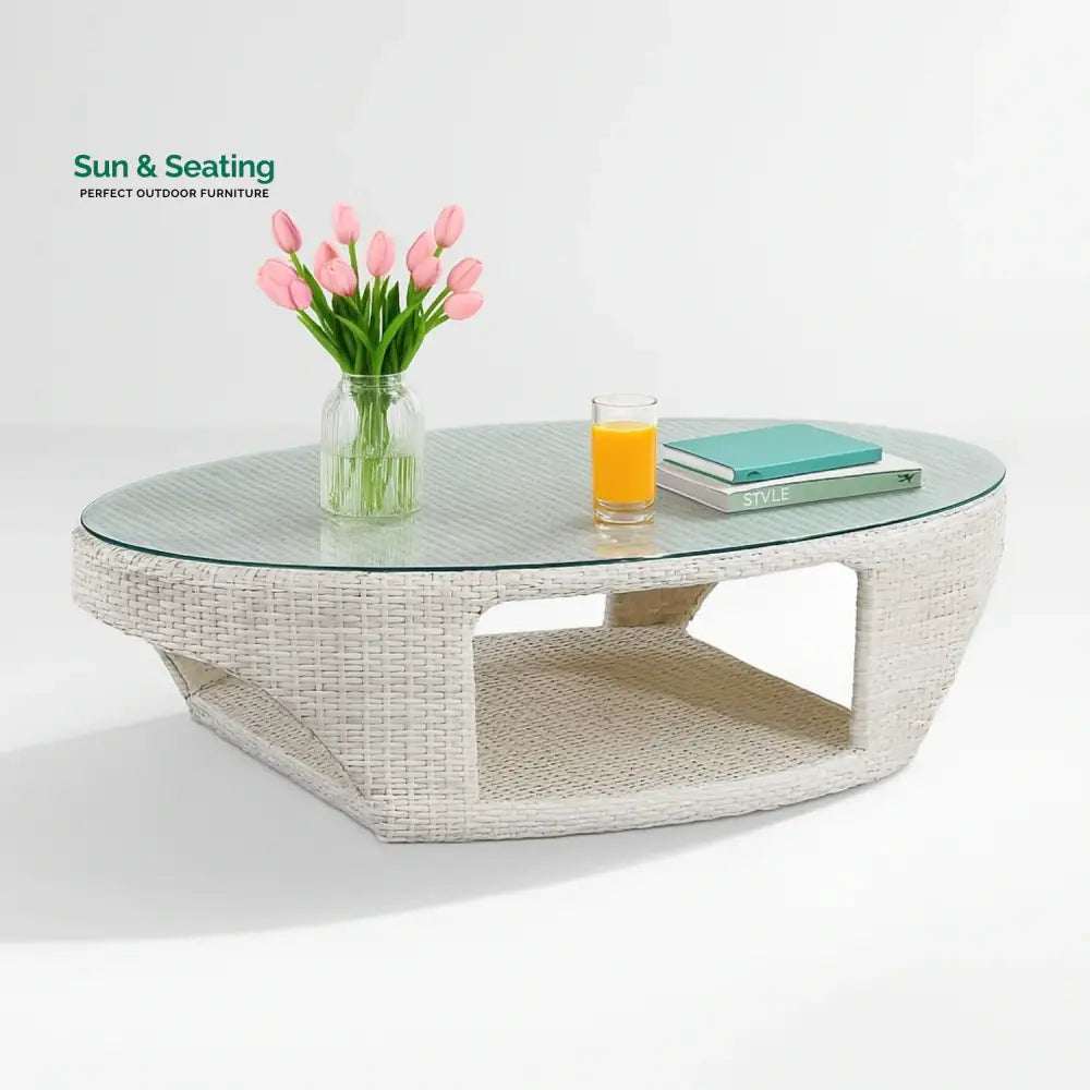 Outdoor White Rattan Wicker Sofa Chairs With Glass Top Table Sofa Set