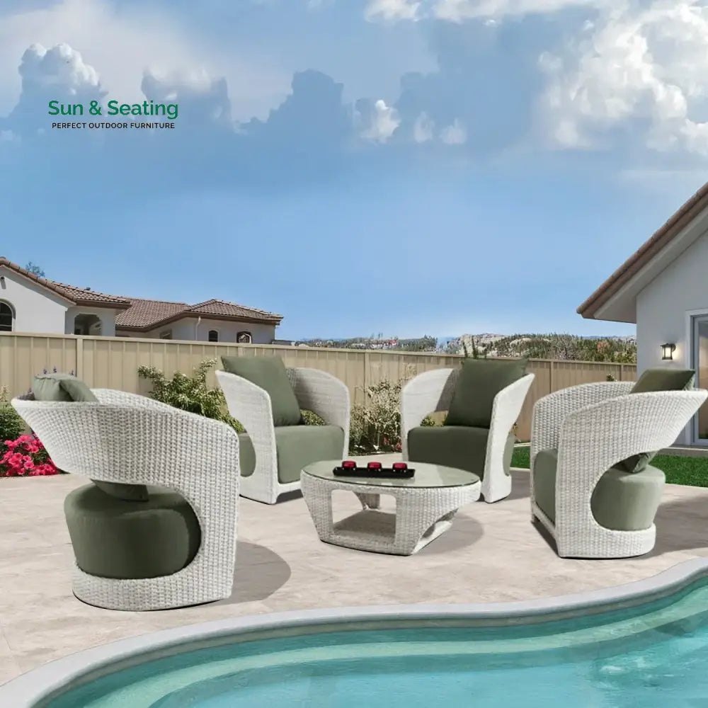 Outdoor White Rattan Wicker Sofa Chairs With Glass Top Table Sofa Set