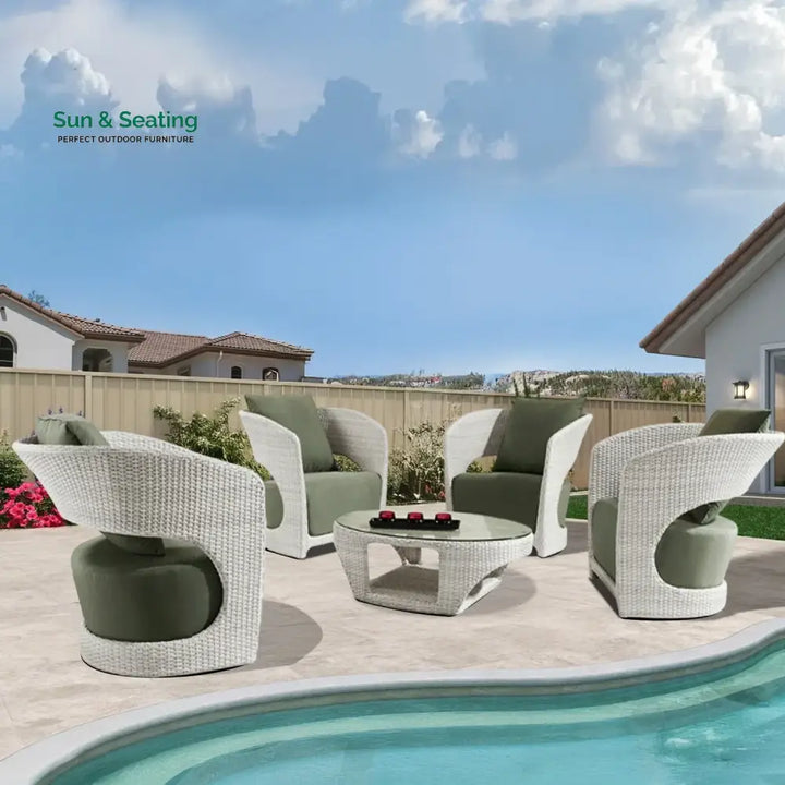 Outdoor White Rattan Wicker Sofa Chairs With Glass Top Table Sofa Set
