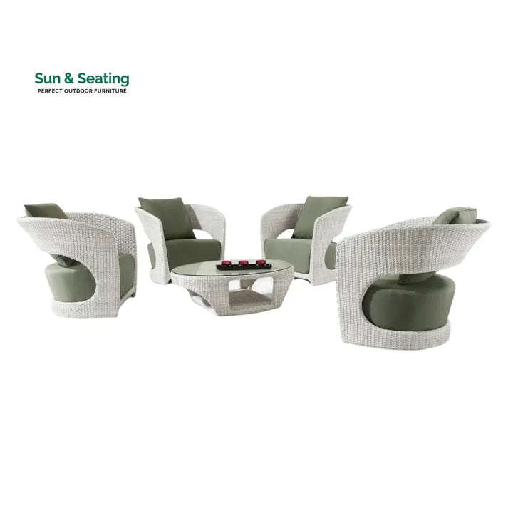 Outdoor White Rattan Wicker Sofa Chairs With Glass Top Table Sofa Set