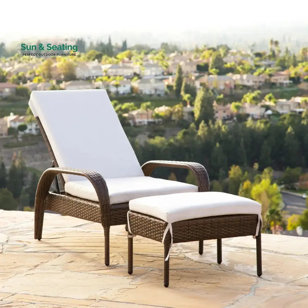 Outdoor Wicker 2 Piece Patio Armchair Recliner with Ottoman Lounger Set