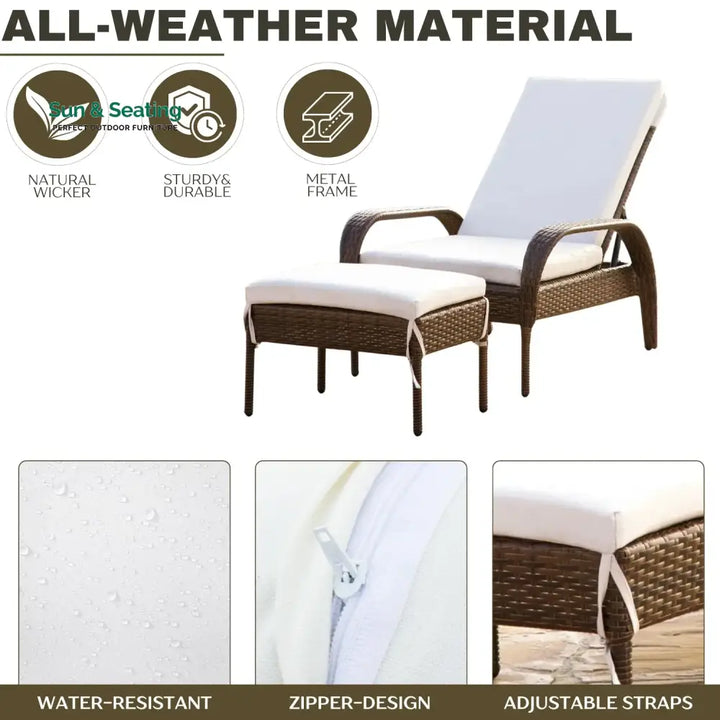 Outdoor Wicker 2 Piece Patio Armchair Recliner with Ottoman Lounger Set