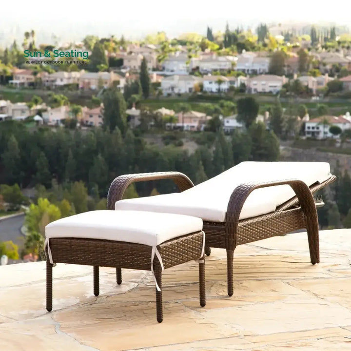 Outdoor Wicker 2 Piece Patio Armchair Recliner with Ottoman Lounger Set