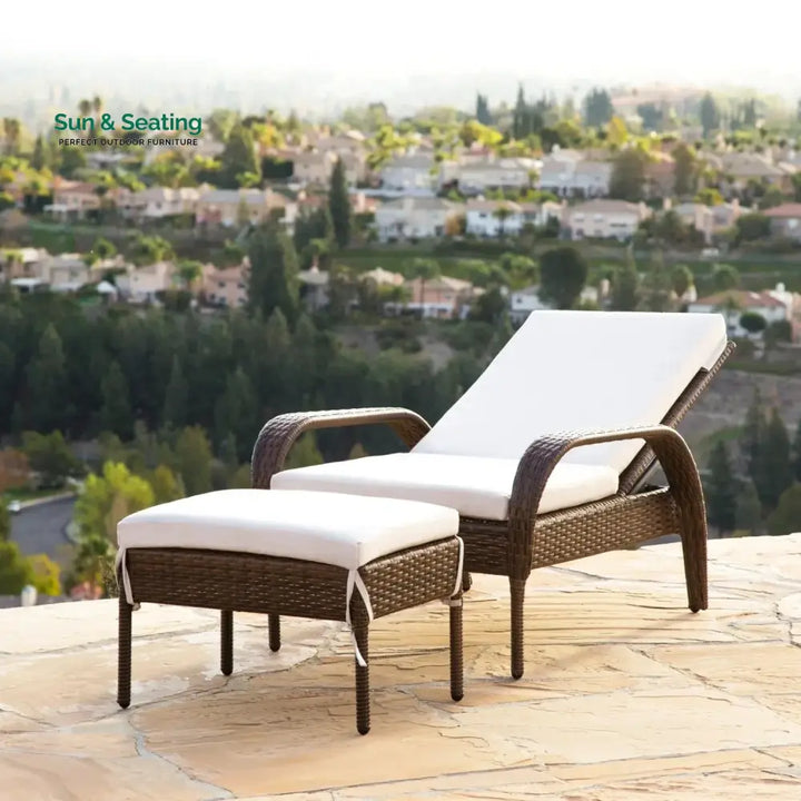 Outdoor Wicker 2 Piece Patio Armchair Recliner with Ottoman Lounger Set