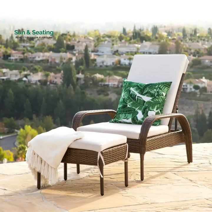 Outdoor Wicker 2 Piece Patio Armchair Recliner with Ottoman Lounger Set