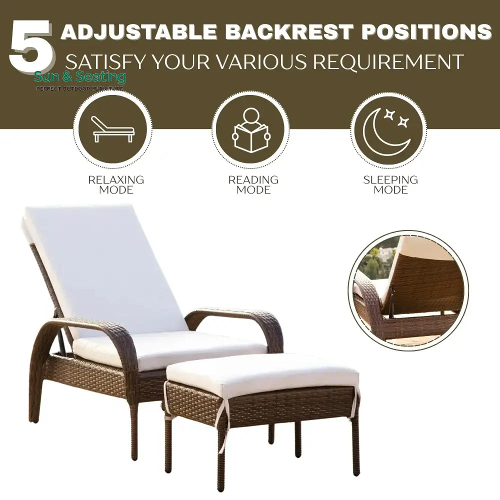 Outdoor Wicker 2 Piece Patio Armchair Recliner with Ottoman Lounger Set