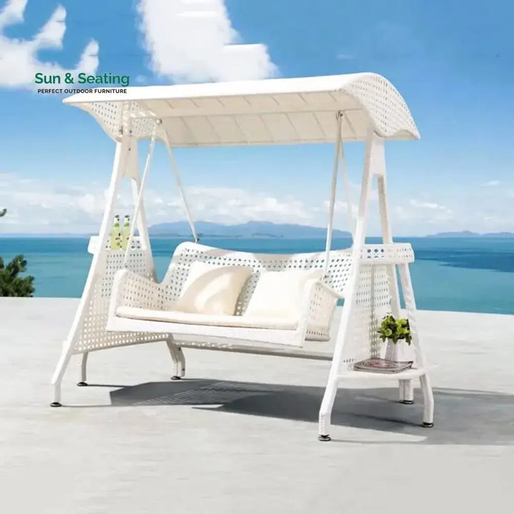 Outdoor Wicker 2-Seat Patio Swing Chair with Shade &amp; Cushions Swing
