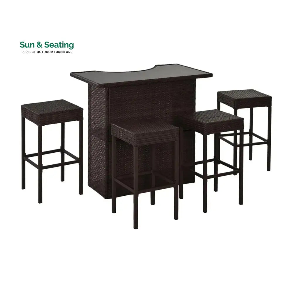 Outdoor Wicker 5-Piece Bar Set with Glass Top Table Bar Set