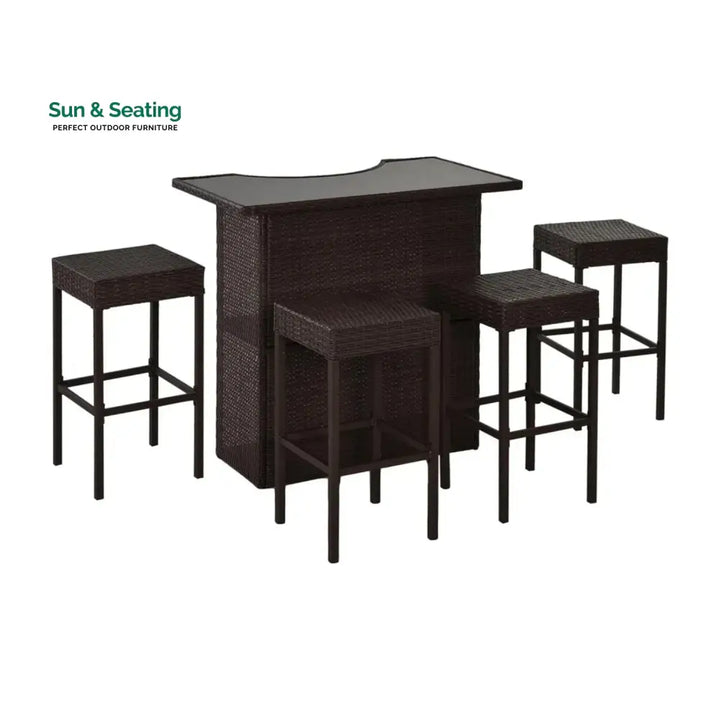 Outdoor Wicker 5-Piece Bar Set with Glass Top Table Bar Set