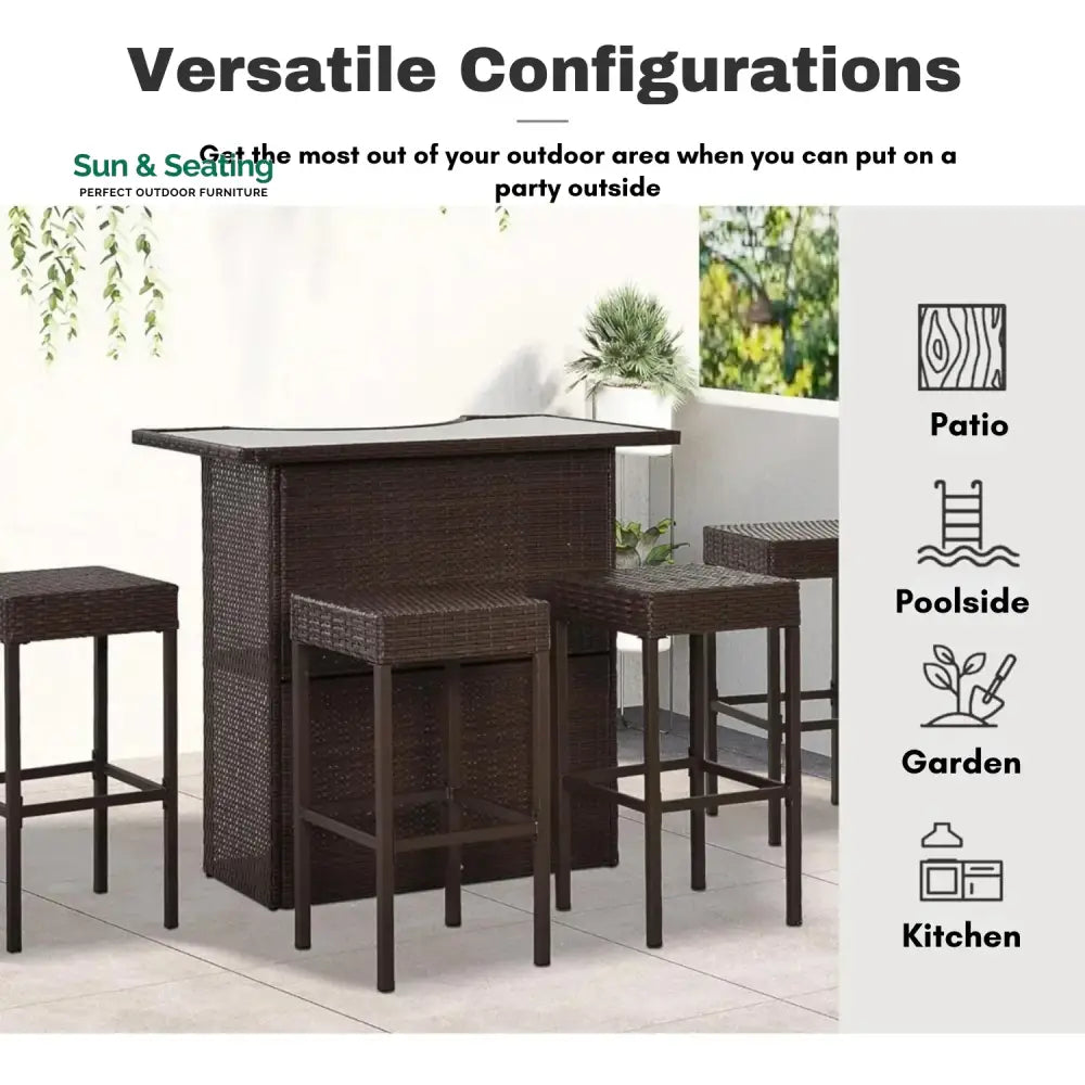 Outdoor Wicker 5-Piece Bar Set with Glass Top Table Bar Set