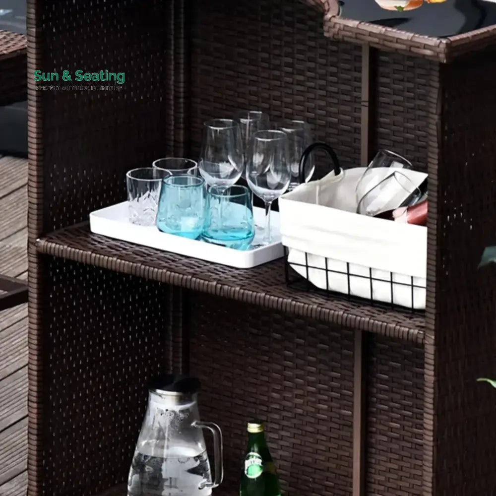 Outdoor Wicker 5-Piece Bar Set with Glass Top Table Bar Set