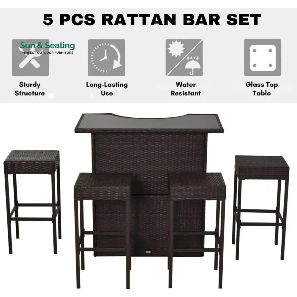 Outdoor Wicker 5-Piece Bar Set with Glass Top Table Bar Set