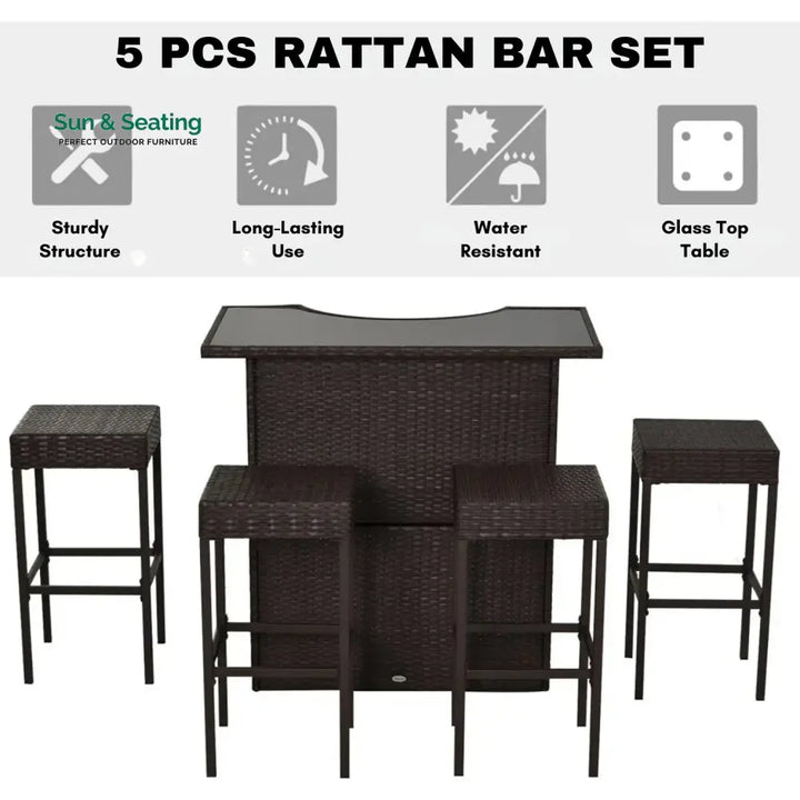 Outdoor Wicker 5-Piece Bar Set with Glass Top Table Bar Set