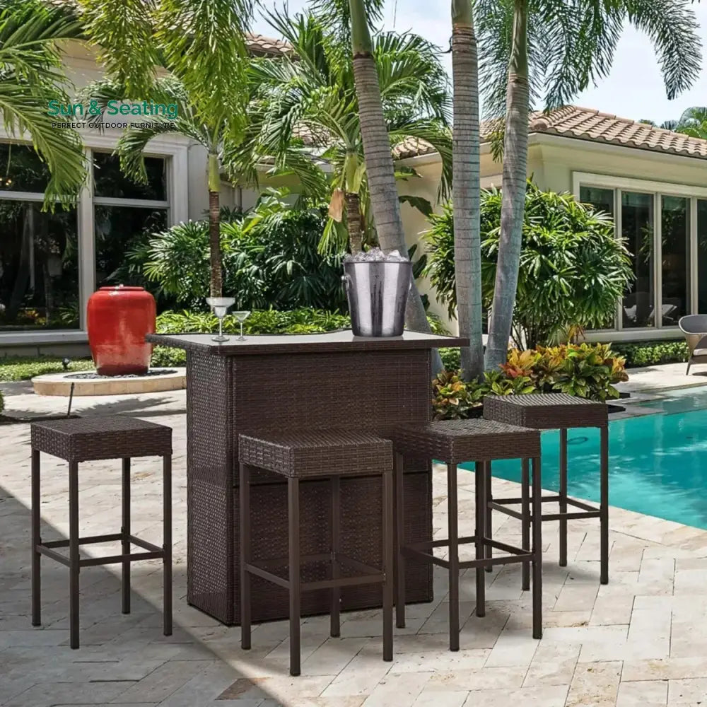 Outdoor Wicker 5-Piece Bar Set with Glass Top Table Bar Set
