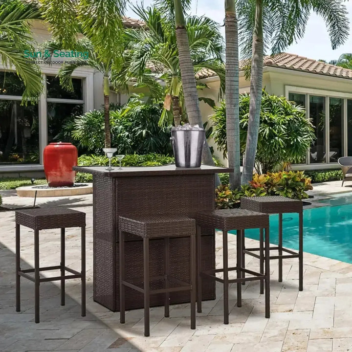 Outdoor Wicker 5-Piece Bar Set with Glass Top Table Bar Set