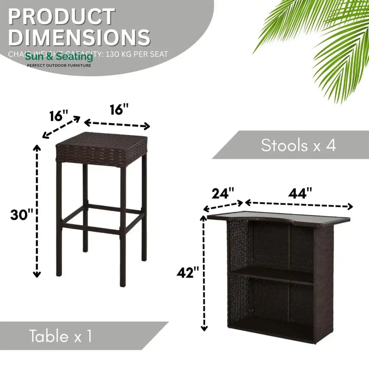 Outdoor Wicker 5-Piece Bar Set with Glass Top Table Bar Set