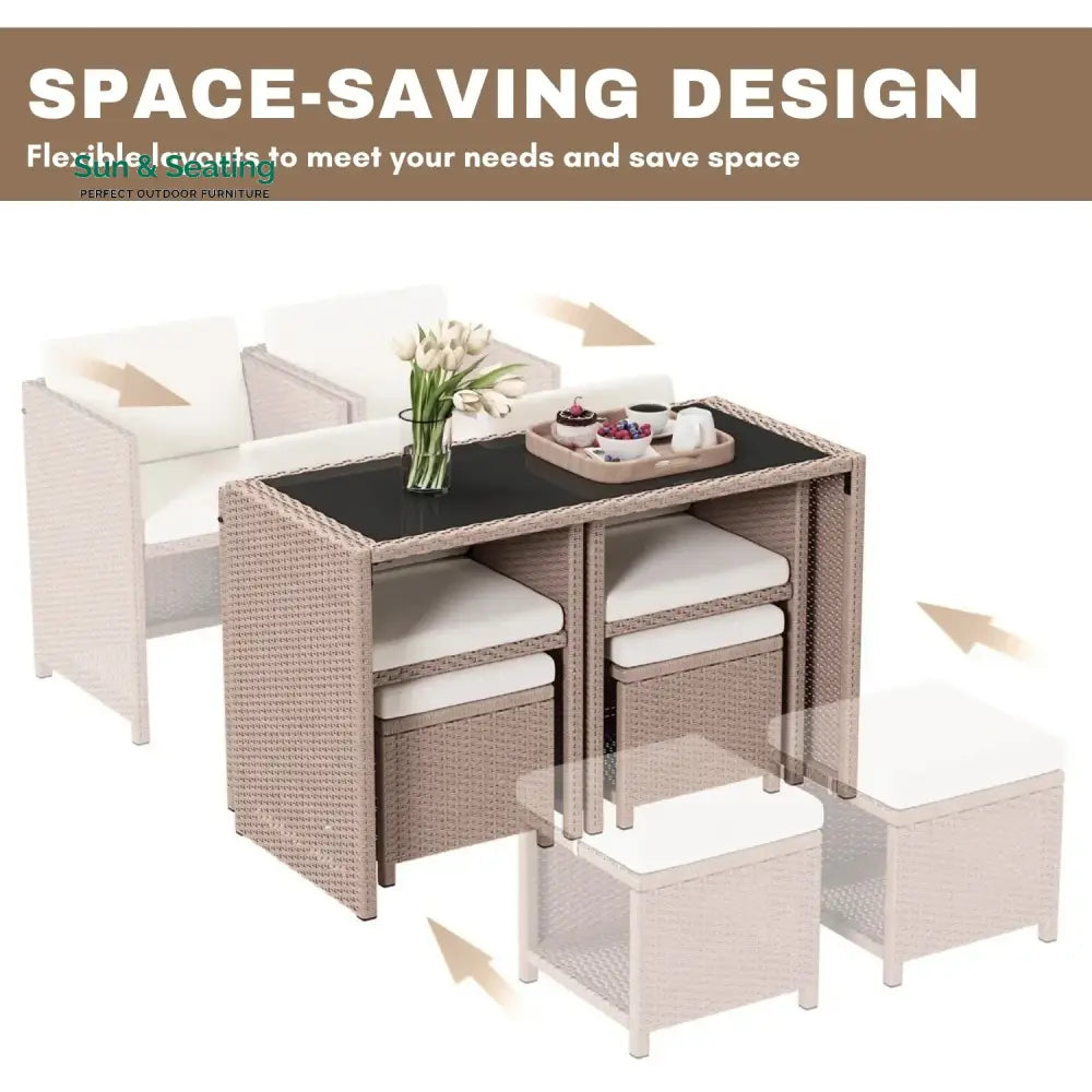 Outdoor Wicker 5-Piece Bar Set with Glass Top Table &amp; Ottomans Bar Set