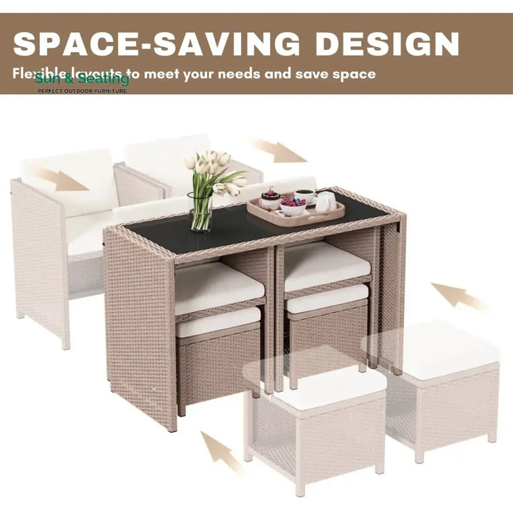 Outdoor Wicker 5-Piece Bar Set with Glass Top Table &amp; Ottomans Bar Set