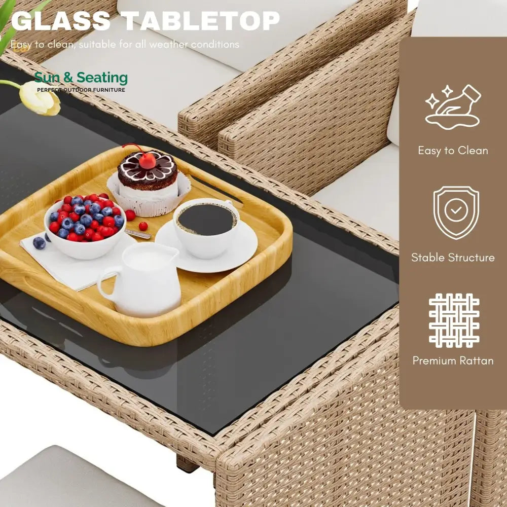 Outdoor Wicker 5-Piece Bar Set with Glass Top Table &amp; Ottomans Bar Set