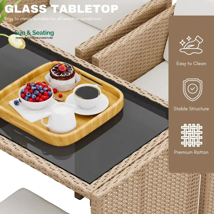 Outdoor Wicker 5-Piece Bar Set with Glass Top Table &amp; Ottomans Bar Set