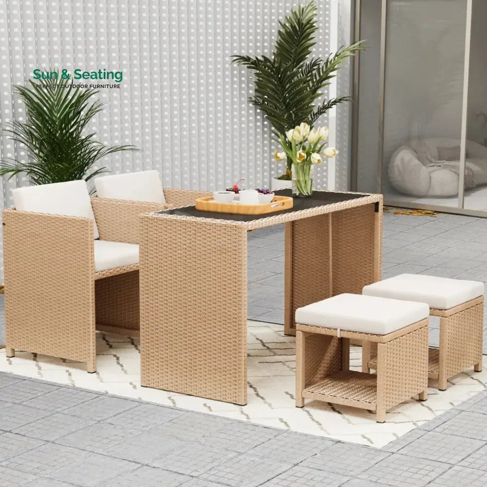 Outdoor Wicker 5-Piece Bar Set with Glass Top Table & Ottomans Bar Set