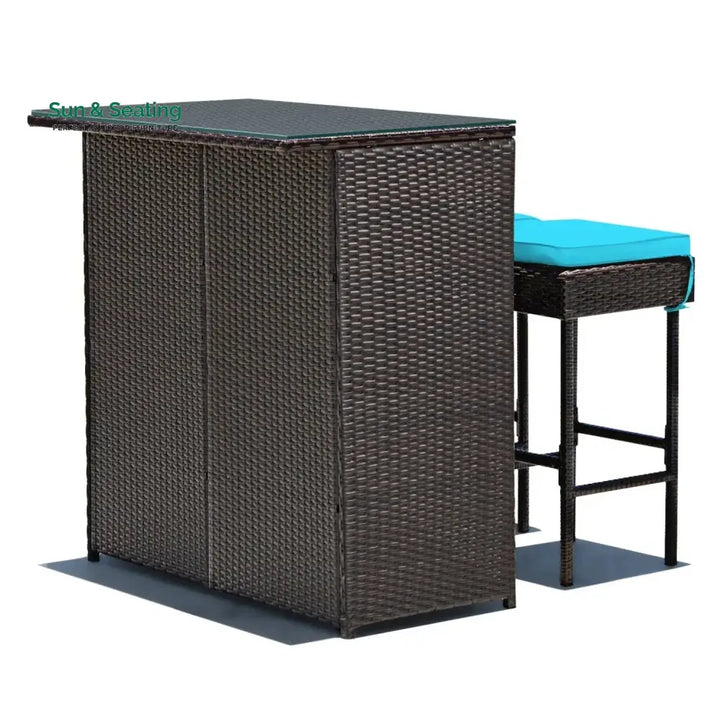 Outdoor Wicker Bar Set with Glass Top 2 Cushioned Stools Bar Set