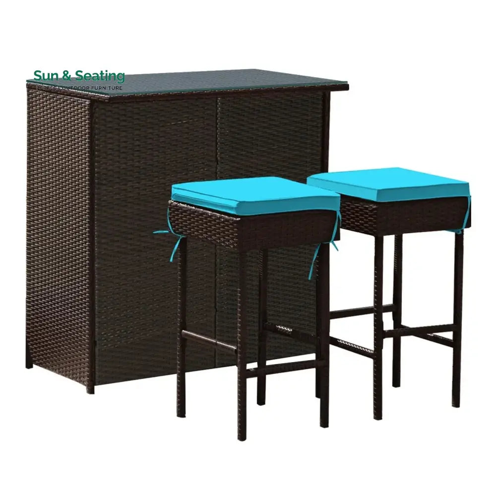 Outdoor Wicker Bar Set with Glass Top 2 Cushioned Stools Bar Set