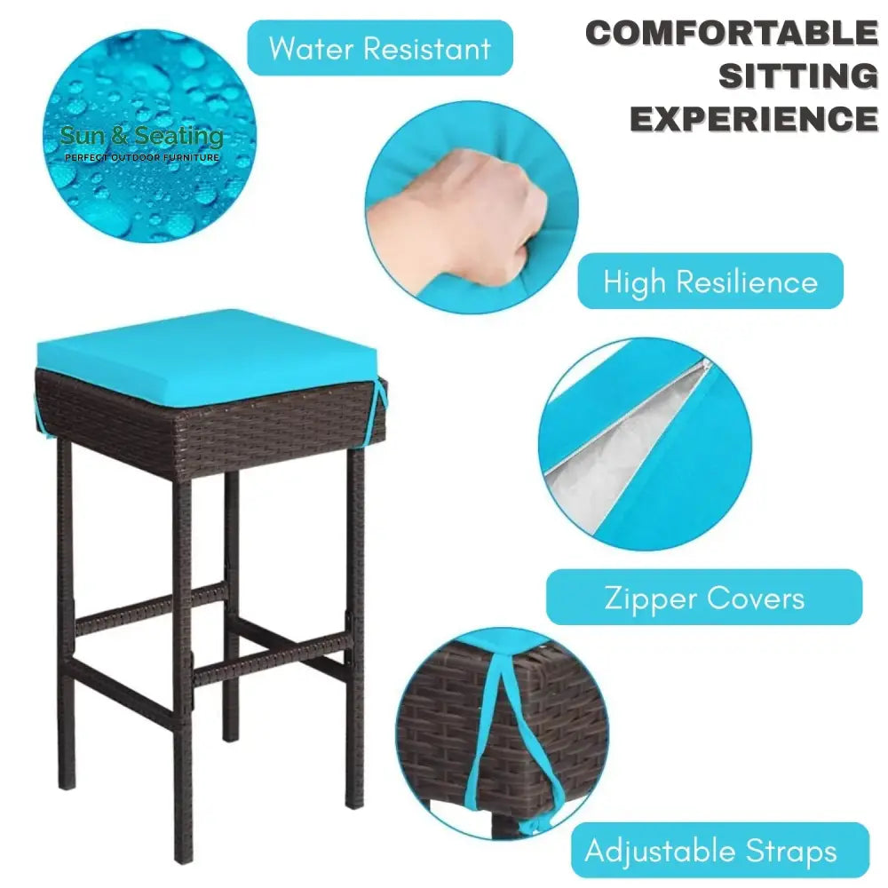 Outdoor Wicker Bar Set with Glass Top 2 Cushioned Stools Bar Set