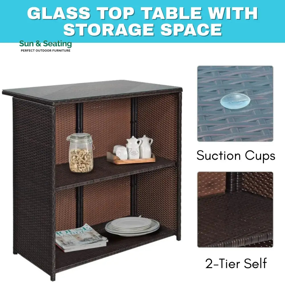 Outdoor Wicker Bar Set with Glass Top 2 Cushioned Stools Bar Set