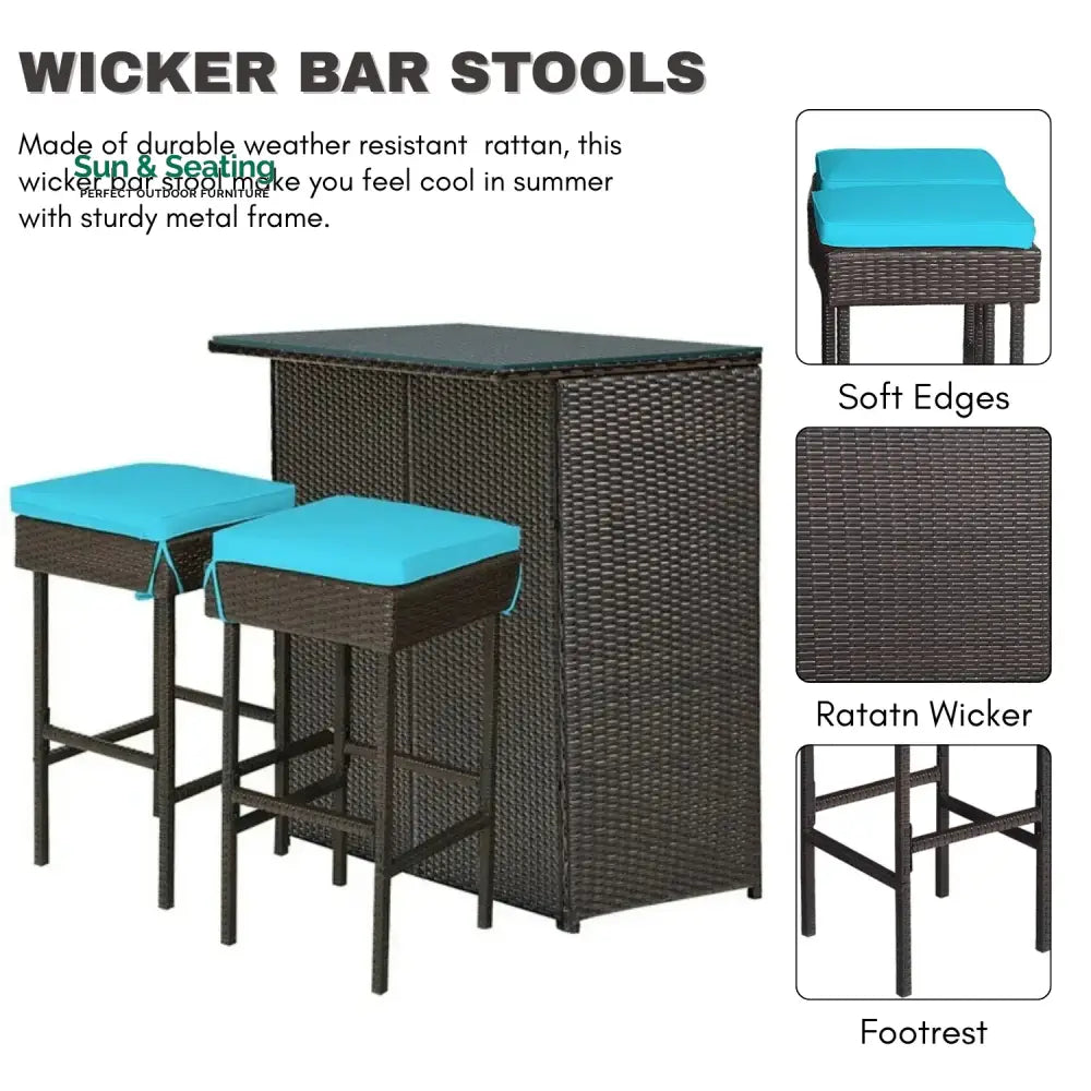 Outdoor Wicker Bar Set with Glass Top 2 Cushioned Stools Bar Set