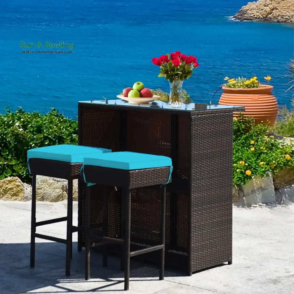 Outdoor Wicker Bar Set with Glass Top 2 Cushioned Stools Bar Set