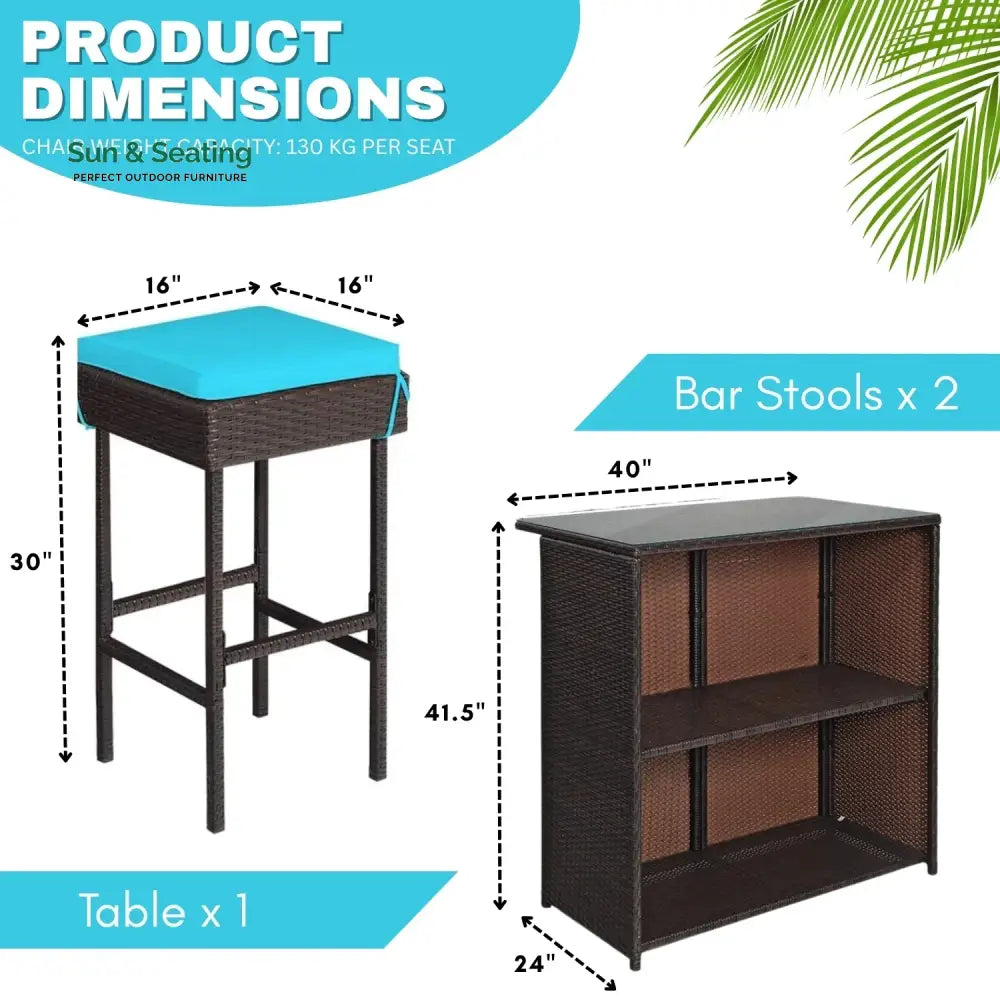 Outdoor Wicker Bar Set with Glass Top 2 Cushioned Stools Bar Set
