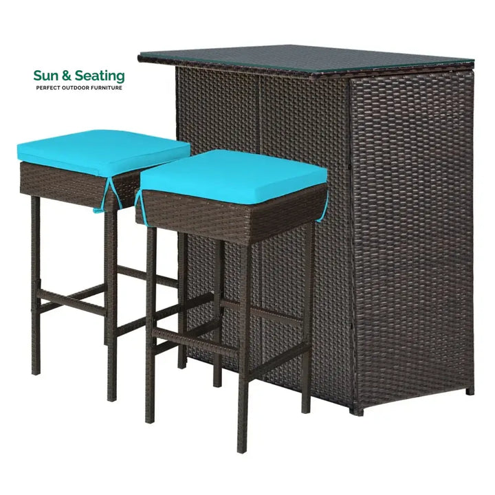 Outdoor Wicker Bar Set with Glass Top 2 Cushioned Stools Bar Set