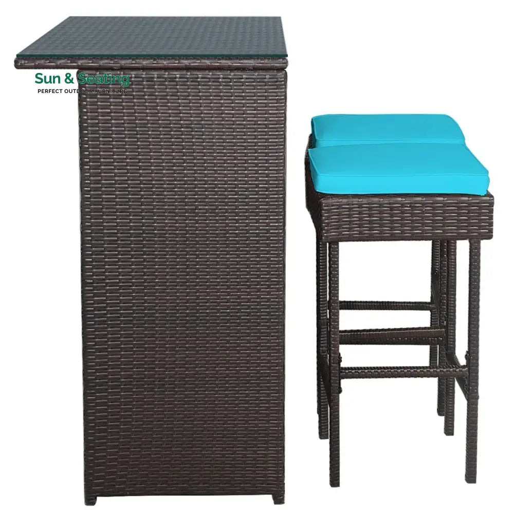 Outdoor Wicker Bar Set with Glass Top 2 Cushioned Stools Bar Set