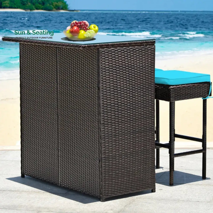 Outdoor Wicker Bar Set with Glass Top 2 Cushioned Stools Bar Set
